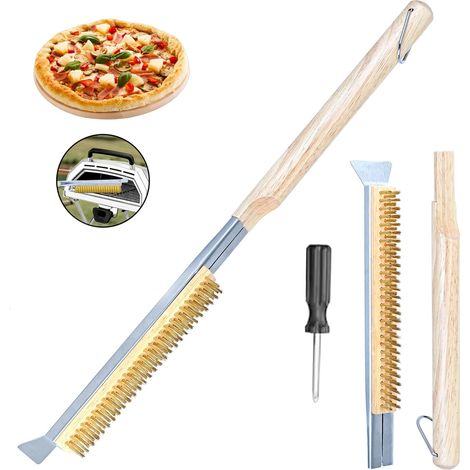 Brosse à pizza pour four à pizza avec grattoir en acier inoxydable, poils en laiton et manche en bois (œillet de suspension) Brosse pour barbecue (1/5)