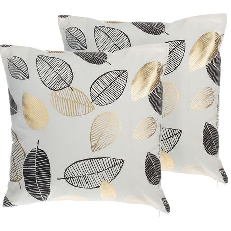 Conjunto de 2 cojines decorativos con patrón de hoja de algodón negro y dorado 45 x 45 cm estilo glamour decoración moderna Lotus