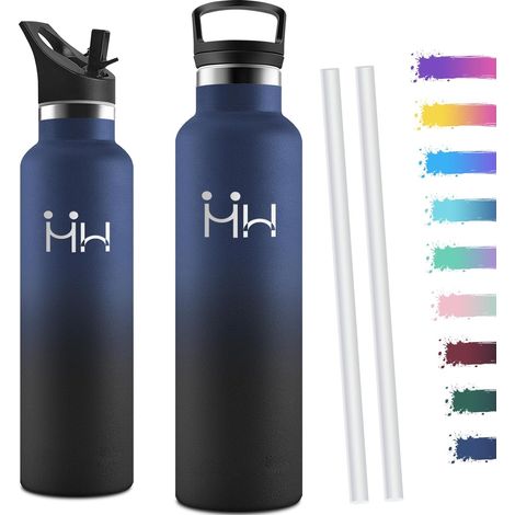 Gourde Isotherme 1l, avec Paille, Bouteille Isotherme, Anti-Fuite, Thermos, Poignée de Transport, Gourde Inox, , Thermos 1l pour Voyage, Camping, Sport, Gym, Bleu Foncé & Noir (1/5)