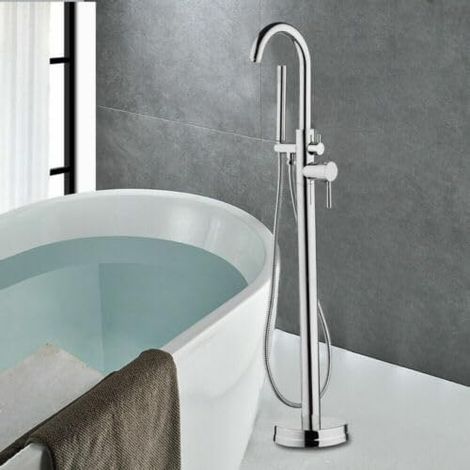 Robinet de baignoire sur pied rétro - Robinet de baignoire - Douchette à main - En cuivre et acier inoxydable - Montage au sol - Baignoire Douche Kit
