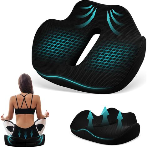 Coussin Coccyx, Coussins Siege Voiture Canapé avec Trou Poignée, Coussin Chaise Bureau Assise Ergonomique Orthopédique Respirant Antidérapant, Mousse à Mémoire, pour Soulager Douleurs Hanche (Noir) (1/5)