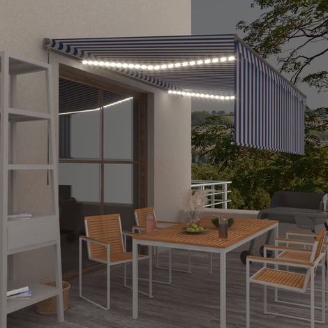 Auvent manuel rétractable Store banne Marquise avec store et LED 4,5x3 m Bleu blanc NDTN8574727 (1/5)