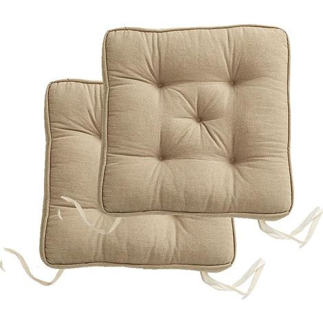 Lot de 2 coussins de chaise en lin naturel avec ruban, antidérapants, doux, tendance, couleur unie, carrés, épais (Dimensions : 43 x 43 cm) (1/5)