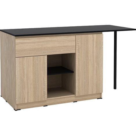 Vente-Unique – Îlot central de cuisine 169.8x70x90.5 cm – 2 portes, 1 tiroir, 2 niches – Finition naturelle et noire – Panneau de particule et métal (1/5)