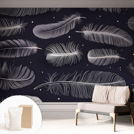Papier peint intissé décoratif pour chambre et salon Design moderne à poser facilement - Colle incluse gratuite Plumes subtiles 312x219 cm (1/5)