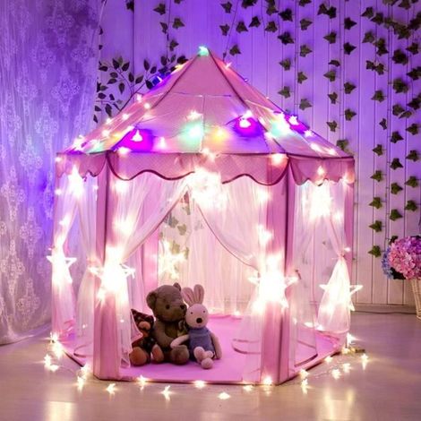 Tente de jeu princesse TEMPSA pour enfant avec lumière LED - Rose - 140x140x135cm (1/4)