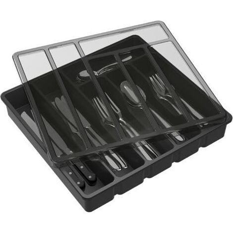 Range Couverts pour Tiroir avec Couvercle, Boîte de Rangement Couverts de Cuisine, Organisateur de Couverts en Plastique, Boîte de Rangement Couverts pour Tiroir de Cuisine et Comptoir, 6 Compartiment (1/5)