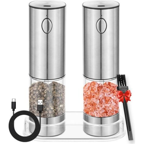 [NEVER USED] Electric salt and pepper mills, set of 2, continuously adjustable ceramic grinding mechanism in stainless steel, USB rechargeable, with trivet, brush, and viewing window.