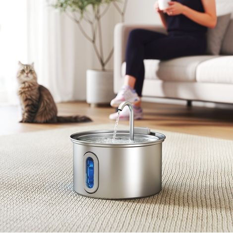 Fontaine à eau pour chat 2,5 L en inox, pompe silencieuse LED, filtre à charbon DESVIAE (1/5)