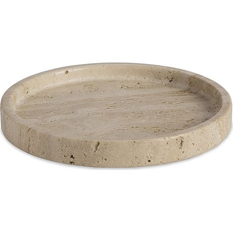 Plateau travertin rond 20 cm – Hauteur 2,5 cm – Poids 1,2 kg – Bords légèrement relevés pour stabilité – Maison Aubertin