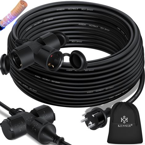 KESSER® Cavo di prolunga con cappuccio di protezione per esterni - per uso interno esterno - Cavo di prolunga - 230 V IP44 - con spina a terra  nero / 25m - con distributore