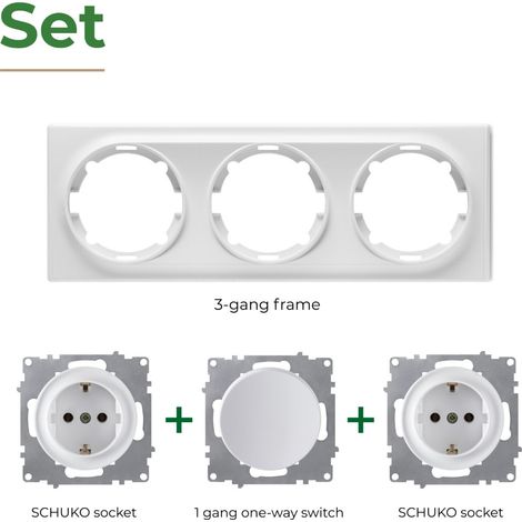 Plaque de finition 3 postes Florence + 2 Prises avec terre + 1 Interrupteur simple - blanc