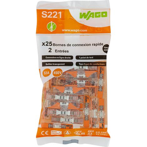Wago – Sachet de 25 bornes 2 entrées en ligne S221 – CAGE CLAMP® pour fils souples et rigides jusqu'à 32A – Tension 405V – Boîtier transparent
