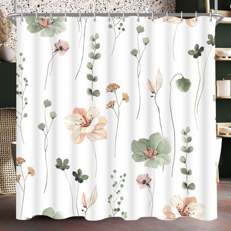 1 Rideau de douche, Motif feuille de sauge, Polyester anti-moisissure, 12 anneaux inclus, Pour salle de bain