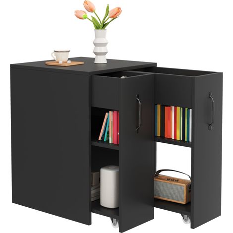 Bibliothèque sur roulettes – Buffet mobile avec tiroir latéral extensible, grandes roulettes, protection des angles et configuration réversible gauche/droite – Meuble de rangement pour bureau