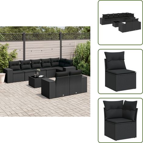 9-tlg. Garten-Sofagarnitur mit Kissen Schwarz Poly Rattan - Gartenmöbel Set - PE-Rattan Möbel - Outdoor Lounge - Esstisch - Sofas (1/5)
