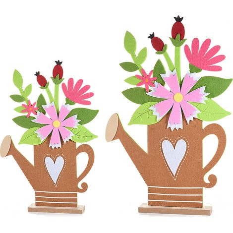 Lot de 2 arrosoirs en bois et feutrine colorée à décor fleuri, Grand : 37 x 5 x H. 56,5 cm