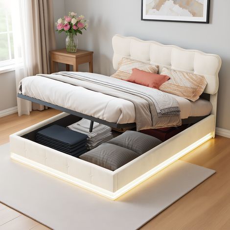 Polsterbett 140 x 200 cm mit LED-Beleuchtung, Doppelbett mit hydraulisch und Stauraum, modern Jugendbett mit Kopfteil, Bettgestell mit Lattenrost,Velour
Beige, Ohne Matratze