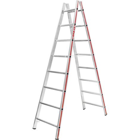 Hymer Sprossenstehleiter, Aluminium, beidseitig begehbar, 2 x 8 Sprossen, Gesamtbreite 595 mm, Reichhöhe 3,55 m (1/5)