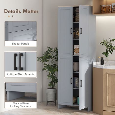 Armoire de cuisine/garde-manger autoportante grise de 170 cm (67 pouces) à 4 portes avec étagères réglables pour l'organisation de la maison (1/5)