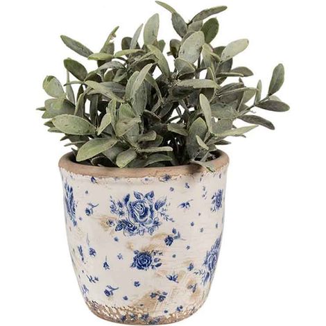 Pot céramique motif floral beige bleu 12x13x13cm