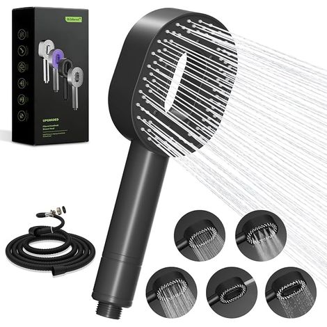 Shower Head with 1.5m Hose and 20 Level Filter, High Pressure Water Saving Shower Head with Stop Function for Hard Water, 5 Types of Jet Against Limestone and Chlorine, Black (1/5)