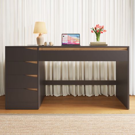 Bureau Informatique 140x50 cm avec 5 Tiroirs, Gris et Aspect Chêne, Table de Travail en MDF pour Télétravail et Chambre, Coiffeuse Moderne (1/5)