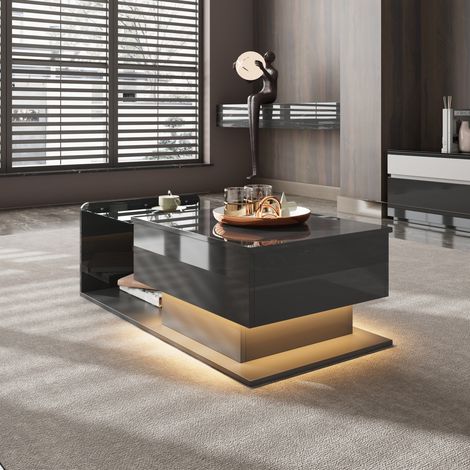 Mesa de centro 100x50x33/47.5 cm negra en tablero de partículas con tapa elevable, vidrio templado y LED (1/5)