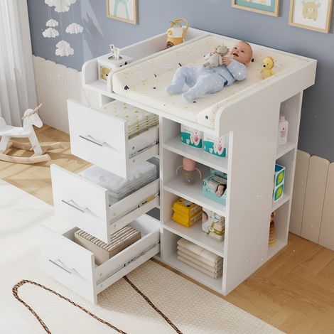 Table à langer blanche 3 tiroirs grande capacité rangement latéral meuble change bébé chambre