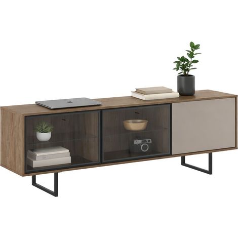 Mobile Porta tv Serrata, 3 Ripiani, 3 Ante, Anta e Ripiani Dettaglio Vetro, 185x40x60h cm Marrone Noce