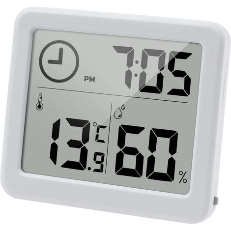 Thermomètre-hygromètre numérique avec grand écran LCD de 3,2 pouces, affichage de la température et de l'humidité, horloge (pile incluse) (blanc) (1/5)