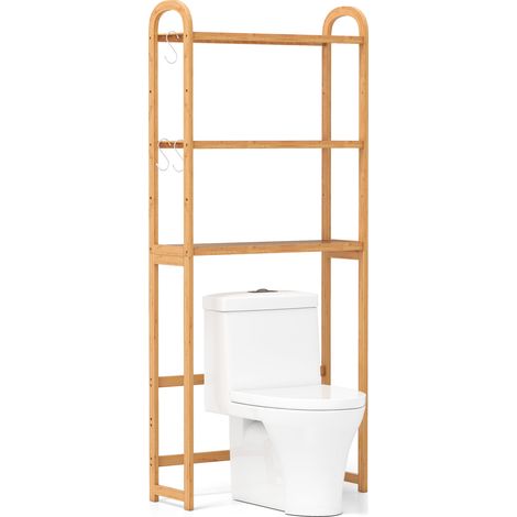 Organiseur de sol de salle de bain en bambou 3 niveaux avec étagères 5 positions et 3 crochets - naturel (1/5)