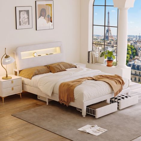 Letto con cassetti e rete a doghe 160 x 200 cm, 2 cassetti ai piedi in velluto beige, illuminazione LED, prese USB e testiera con vani portaoggetti integrati