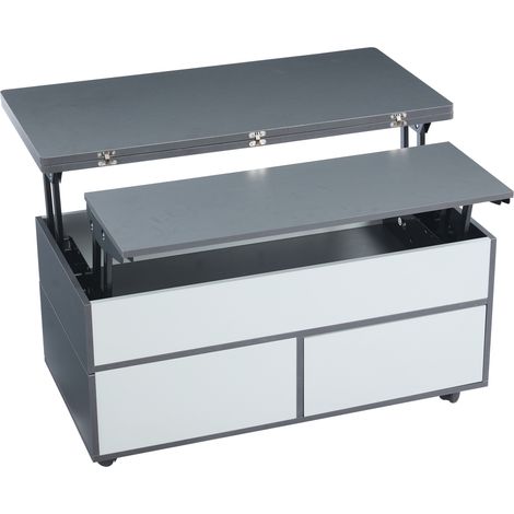 Tavolino da salotto sollevabile 100x98x65 cm grigio bianco con ruote e spazio contenitivo (1/5)