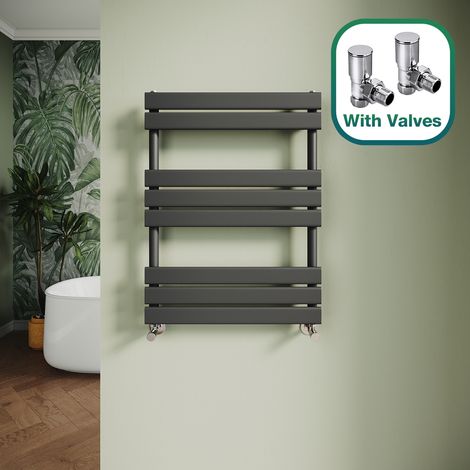 ELEGANT Modern Central Heating Towel Radiator Bathroom Flat Panel Heated Towel Rail 800x600mm Black + Angled Radiator Valves