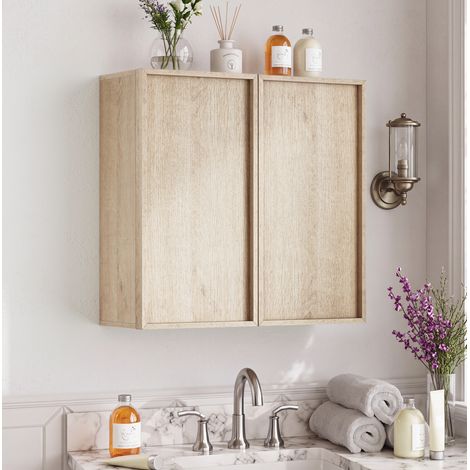Armoire Murale de Salle de Bain avec 2 Portes Sans Poignées, Rangement Fermé, en MDF, Chêne, 60 × 21.6 × 58 cm (1/4)