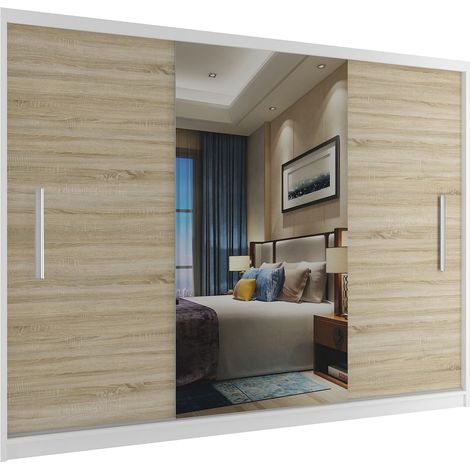 BELINI Grande Armoire 3 Portes Coulissantes VERONA ME 232 cm - Miroir Intégré & Tringle - Chambre Adulte - Blanc / Chêne Sonoma (1/5)