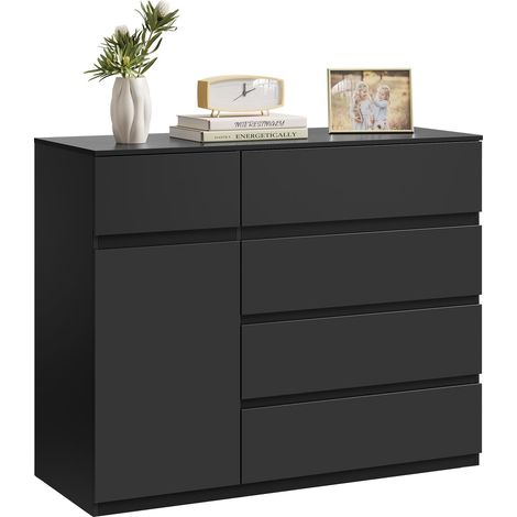 WOLTU Commode avec 5 Tiroirs et 1 Placard, Meuble de Rangement, en Bois d'Ingénierie, Étagère Réglable, 100x40x80 cm, Noir