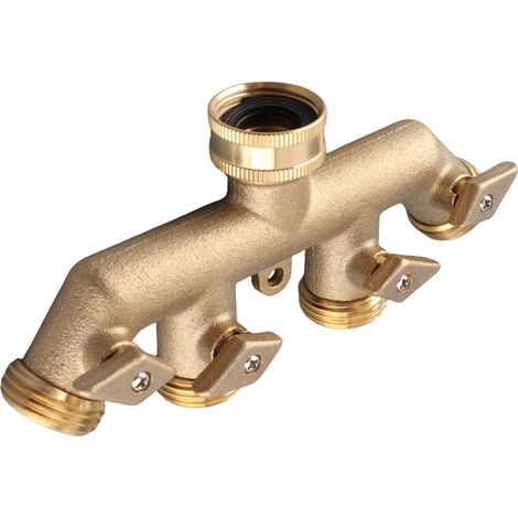 Distributeur d'eau 4 voies en laiton jaune pour robinet de jardin, raccord tuyau NPT 3/4, kit avec ruban et joints (1/5)