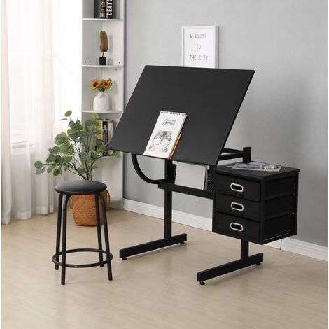 Mesa de dibujo inclinable regulable 0-75° con 3 cajones y taburete, estructura MDF metal negro (1/5)