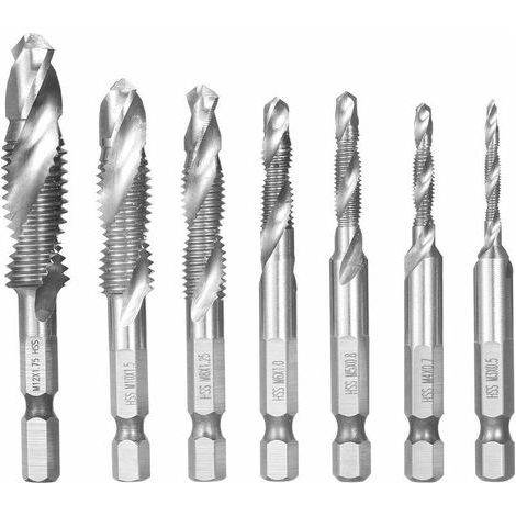Bohrzubehör: 7-teiliges Kombi-Bohrer- und Gewindebohrerset, HSS-Metrikgewinde M3–M12, Schnellwechsel-Werkzeug für Gewindebohrer und Bohrer, 1/4"-Sechskantschaft, silberfarben (1/4)