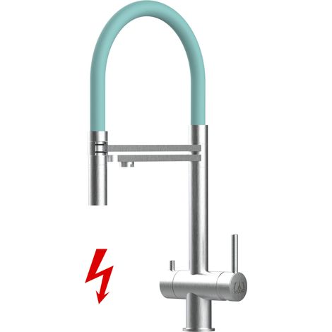 NIEDERDRUCK 3 Wege Edelstahl Massiv Küchenarmatur Spültischmischer, mit 360° schwenkbarem Türkis Auslauf und 2 strahl Handbrause - Gebürstet (1/5)