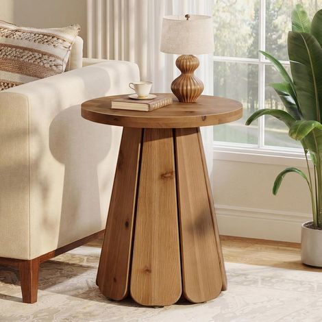 Tribesigns Table d'appoint en bois massif - Petite table d'appoint ronde pour le salon - Table de chevet avec base évasée - pour chambre à coucher, bureau et petites