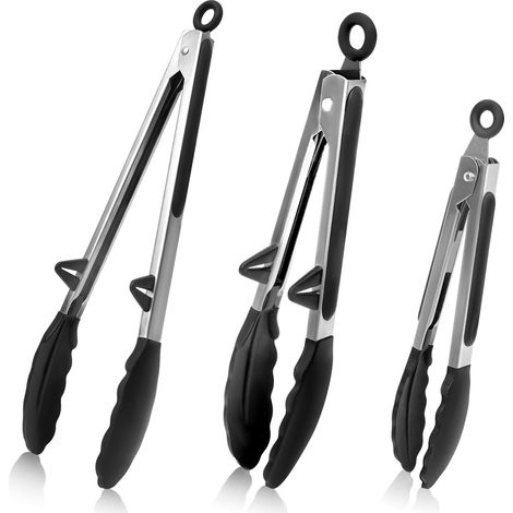 3 Piece Silicone Kitchen Tongs, Heat Resistant Stainless Steel Kitchen Tongs, BPA-Free Silicone Tips, BBQ Tongs, Kitchen Food Tongs for Barbecue, Salad, 20.5 cm/27 cm/35 cm (1/5)