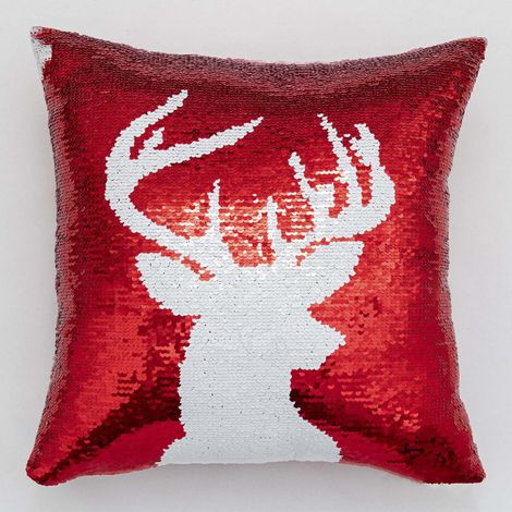 Coussin De Noël À Paillettes Réversible - Motif Flocon De Neige Et Tête De Renne - 40 X 40 Cm - 1 Pièce (1/2)