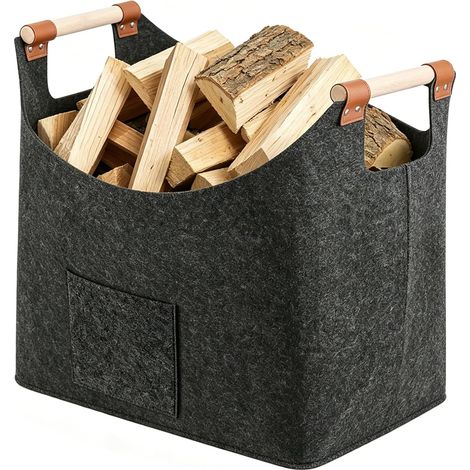 Panier En Bois Feutré Avec Poignées Renforcées 45 X 32 X 40 Cm 60L, sac a Buches de Bois, Avec Poche Avant, pour Le Stockage Du Bois De Chauffage (Gris Foncé) (1/5)