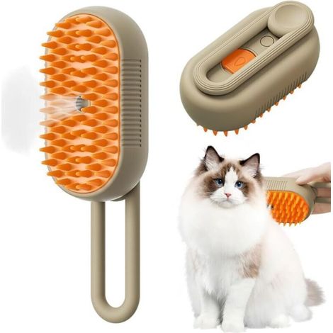 3-in-1 steam brush for cats and dogs, pet hair removal comb, reduces shedding, promotes a healthier coat, khaki color (1/5)