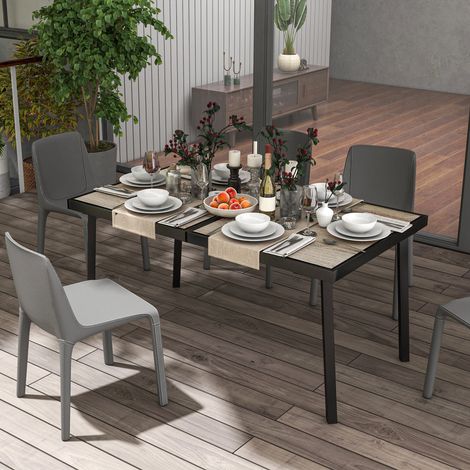 Table rectangulaire de jardin 6 personnes, plateau gris effet bois, acier et acier galvanisé, 145x85x72 cm (1/5)