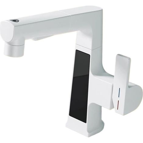 Robinet de cuisine Robinet à tirette à affichage numérique, robinets de lavabo en laiton à capteur de température ligent, mitigeur d'eau froide et chaude à levage rotatif(blanc) (1/5)