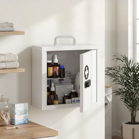 Armoire à pharmacie murale acier inoxydable à code, 2 niveaux, armoire premiers secours, blanc (1/5)